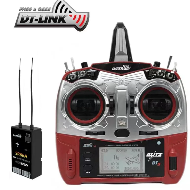 Detrum Blitz-DT9 9CH Smart Programming/Telemetry RC Transmitter Red w/ iStone SR86A Stabilizer Receiver