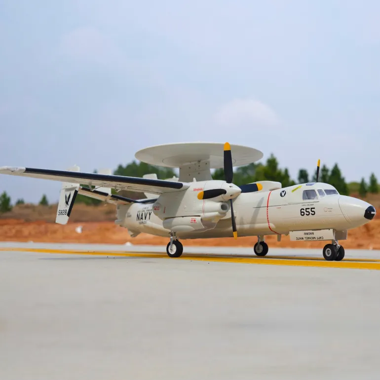 🌟🎉 New Release! Dynam E-2C Hawkeye AEW 1500mm Twin-Engine 360° Rotating Radar RC Scale Airplane