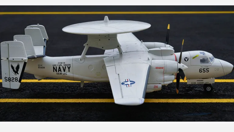 🌟🎉 New Release! Dynam E-2C Hawkeye AEW 1500mm Twin-Engine 360° Rotating Radar RC Scale Airplane
