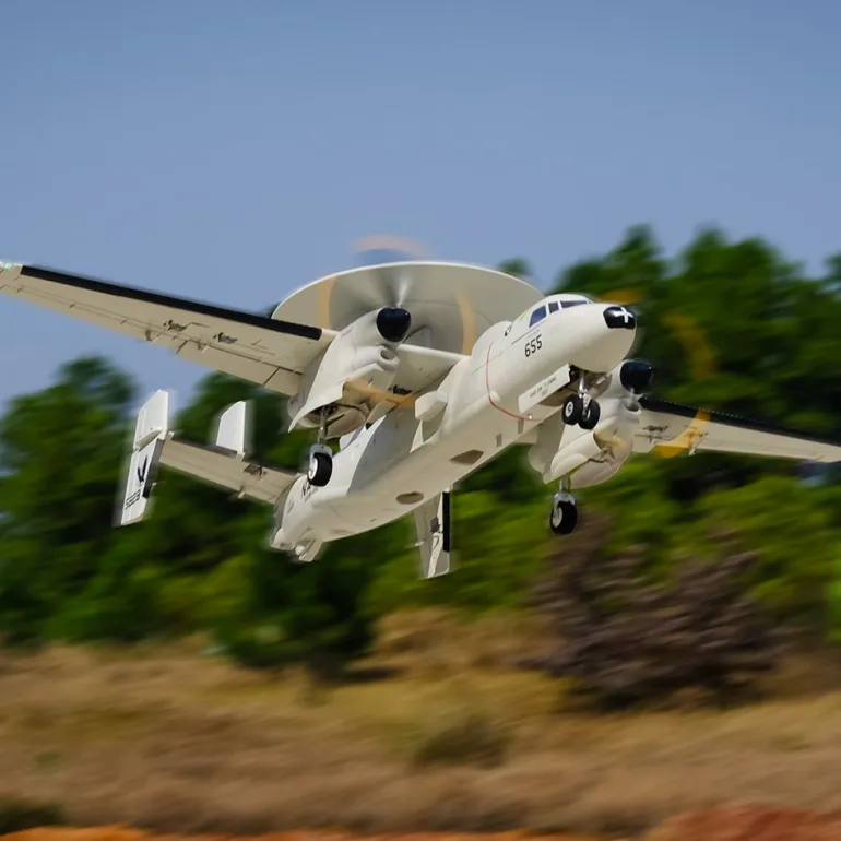 🌟🎉 New Release! Dynam E-2C Hawkeye AEW 1500mm Twin-Engine 360° Rotating Radar RC Scale Airplane